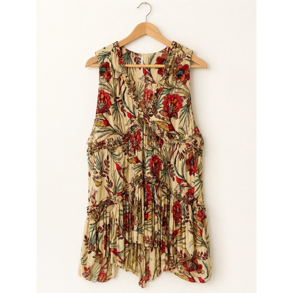 Free‎ People Purple Haze Hummingbird Floral Print Tiered Tunic Boho Top / S